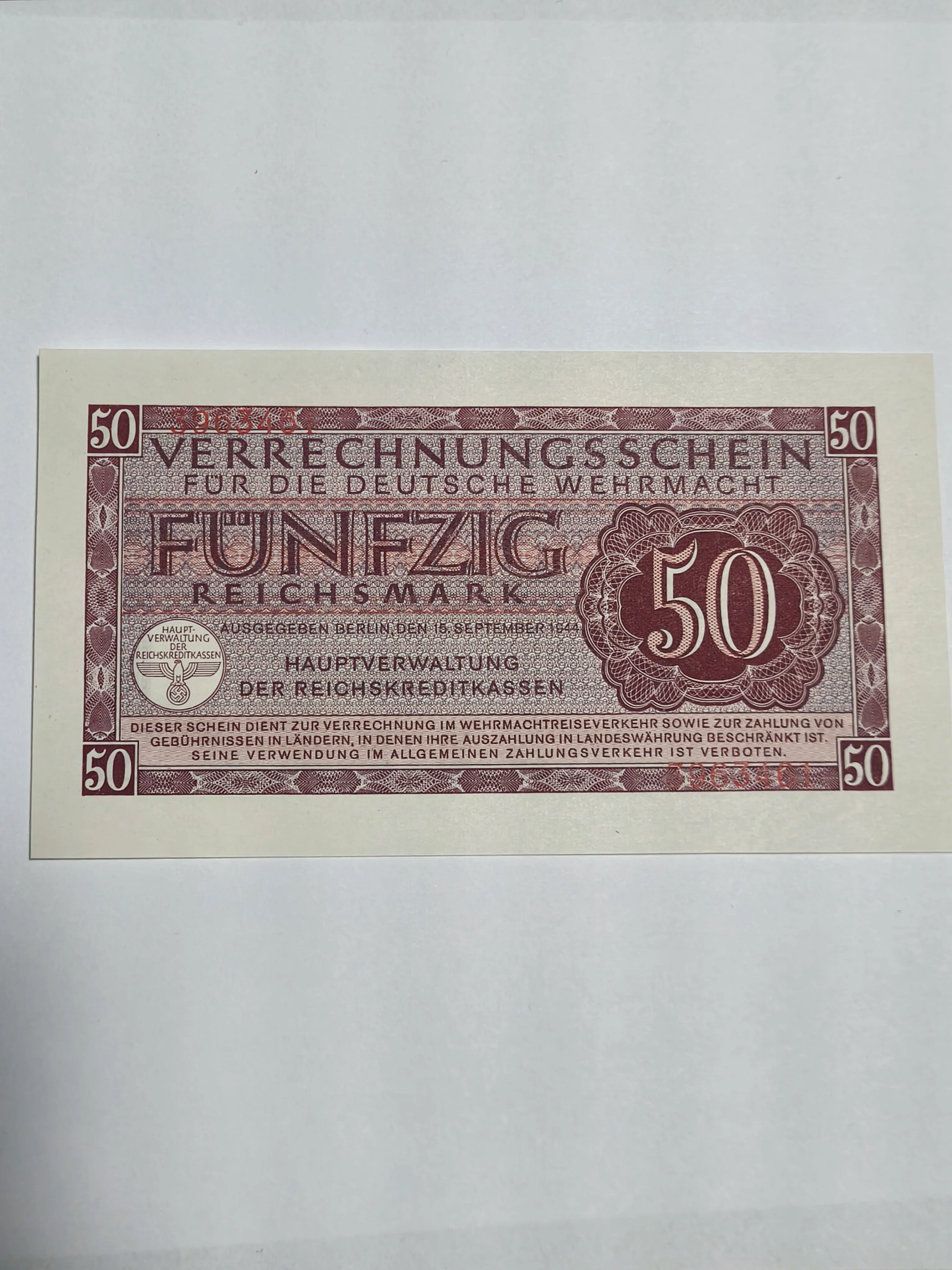 Third Reich 50 Wehrmacht Reichsmark 1944