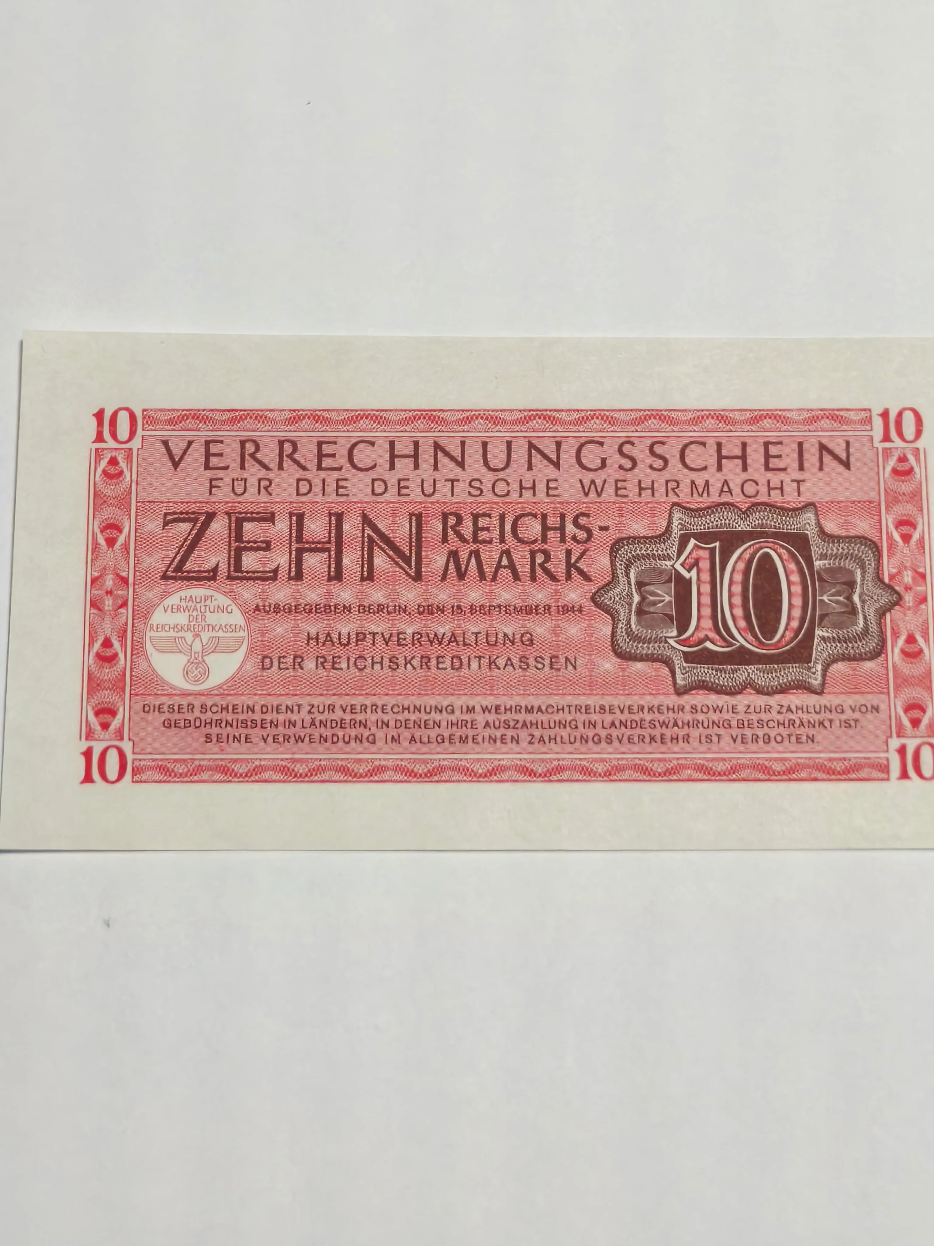 Third Reich 10 Wehrmacht Reichsmark 1944